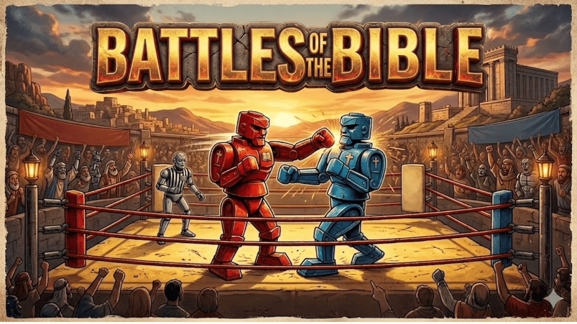 Illustration of red and blue boxing robots facing off in a ring with a sunset and ancient city background, titled 'Battle of the Bible'.
