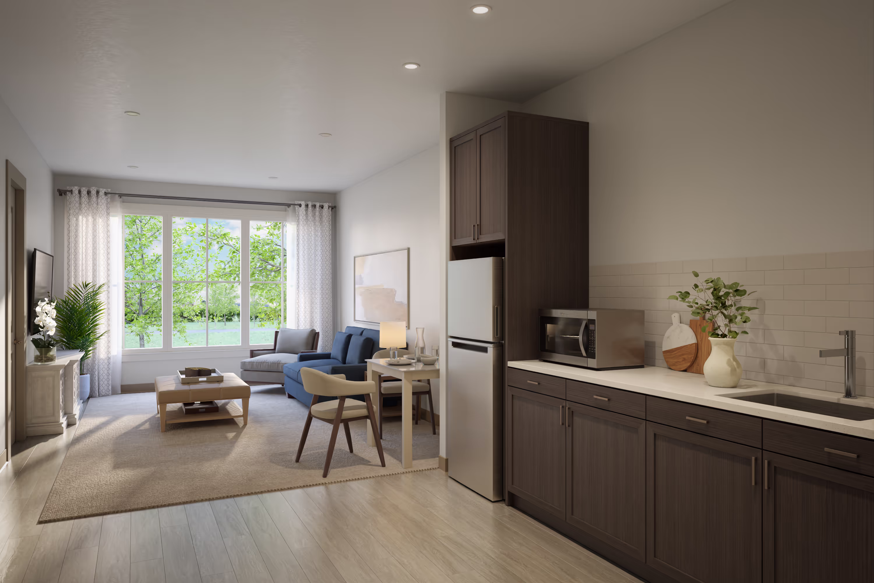  rendering of a kitchen and living room. 	