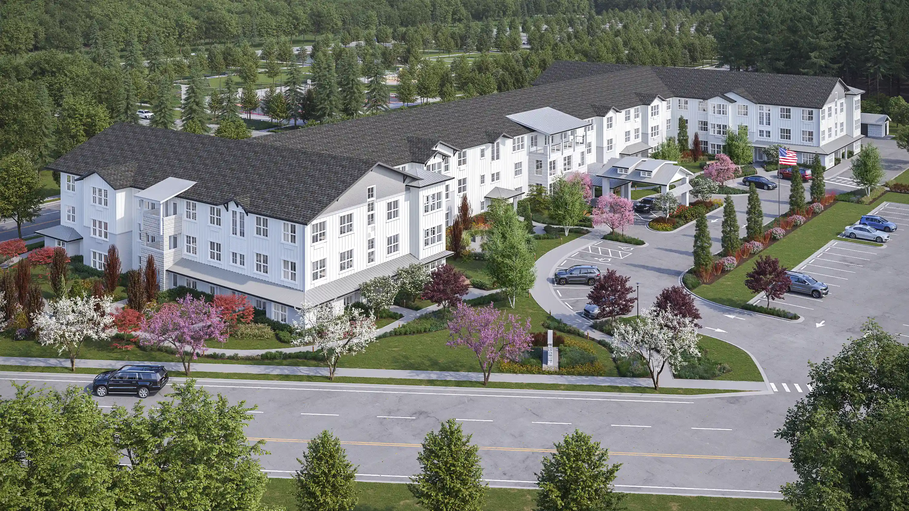 An artist's rendering of an apartment complex in a wooded area