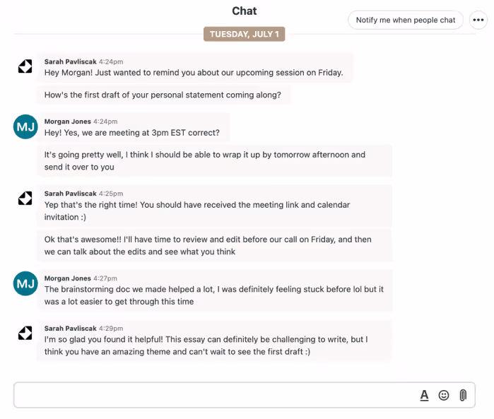 Image of Inspira Advantage's student dashboard, chat page