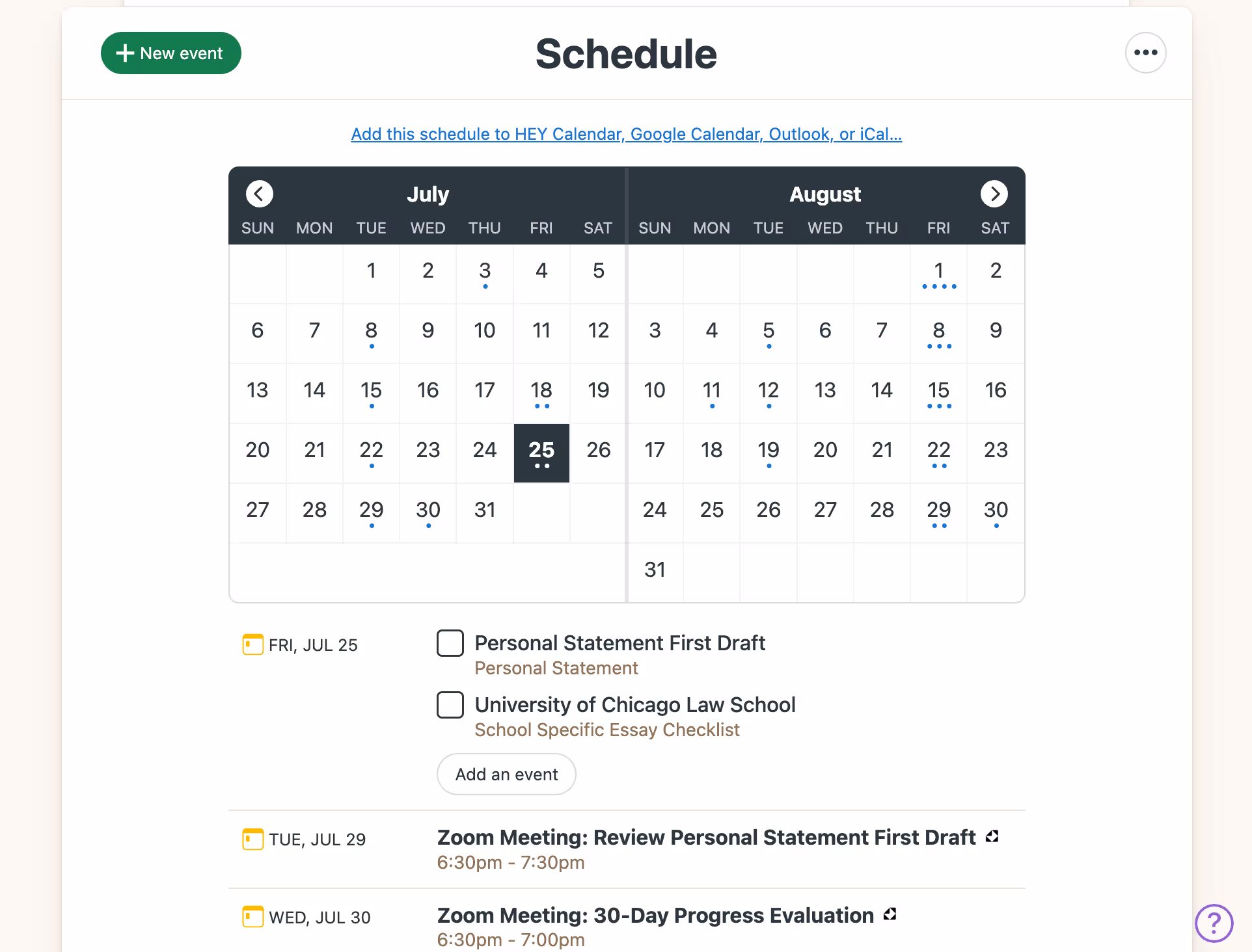 Image of Inspira Advantage's student dashboard, schedule page