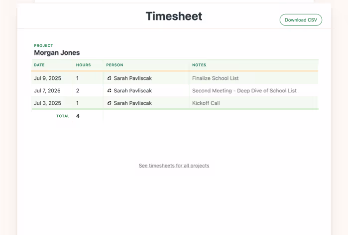 Image of Inspira Advantage's student dashboard, timesheet page