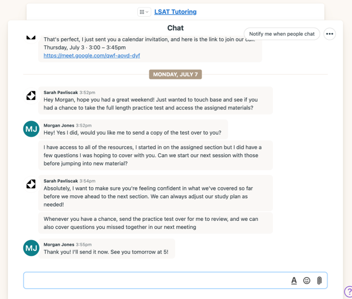 Image of Inspira Advantage's student dashboard, chat page