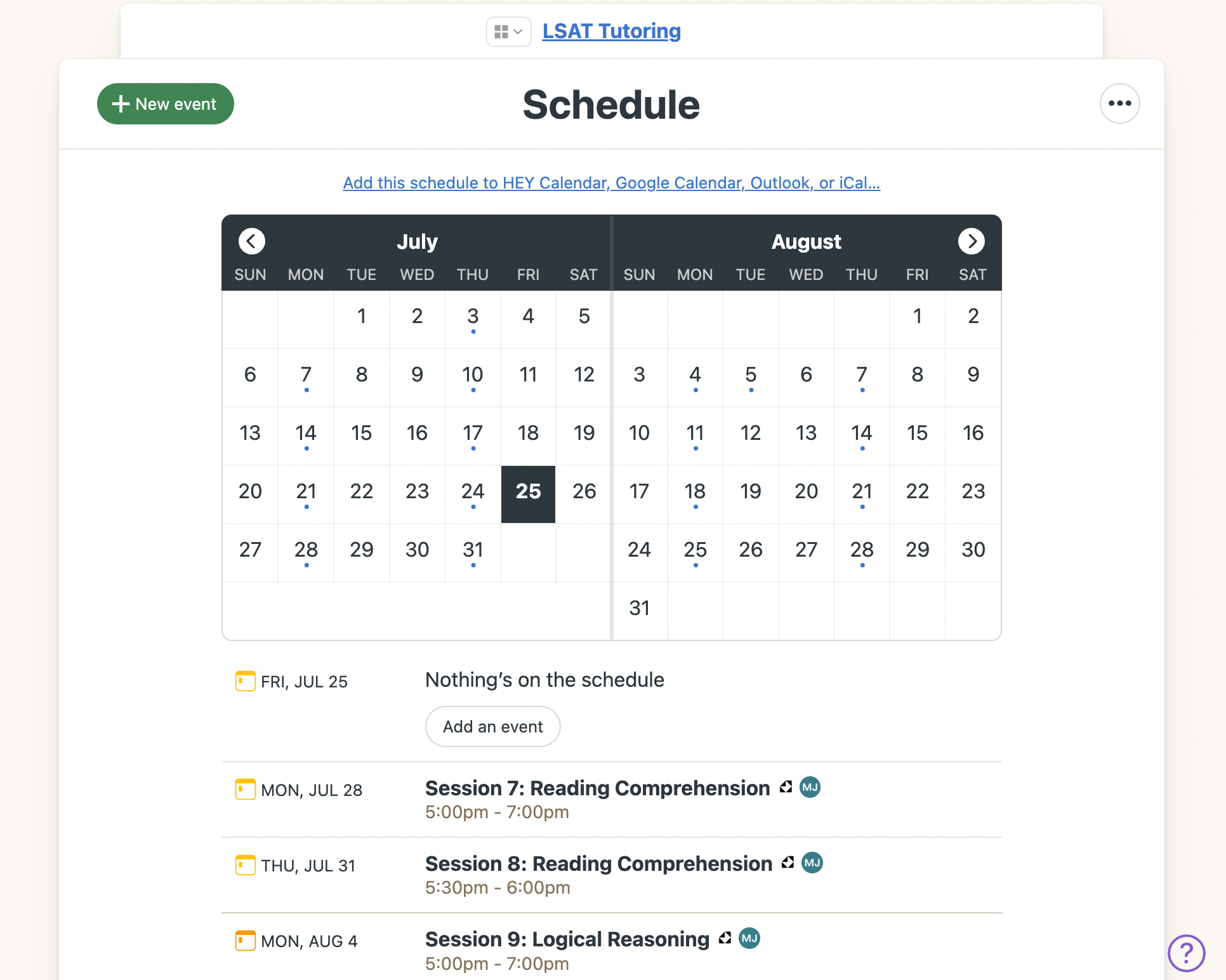 Image of Inspira Advantage's student dashboard, schedule page