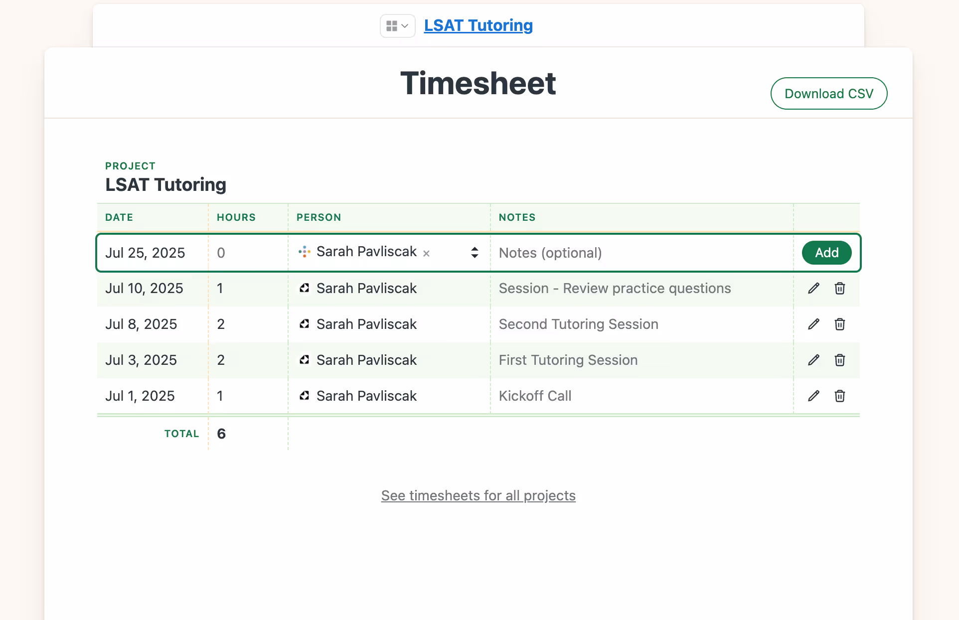 Image of Inspira Advantage's student dashboard, timesheet page