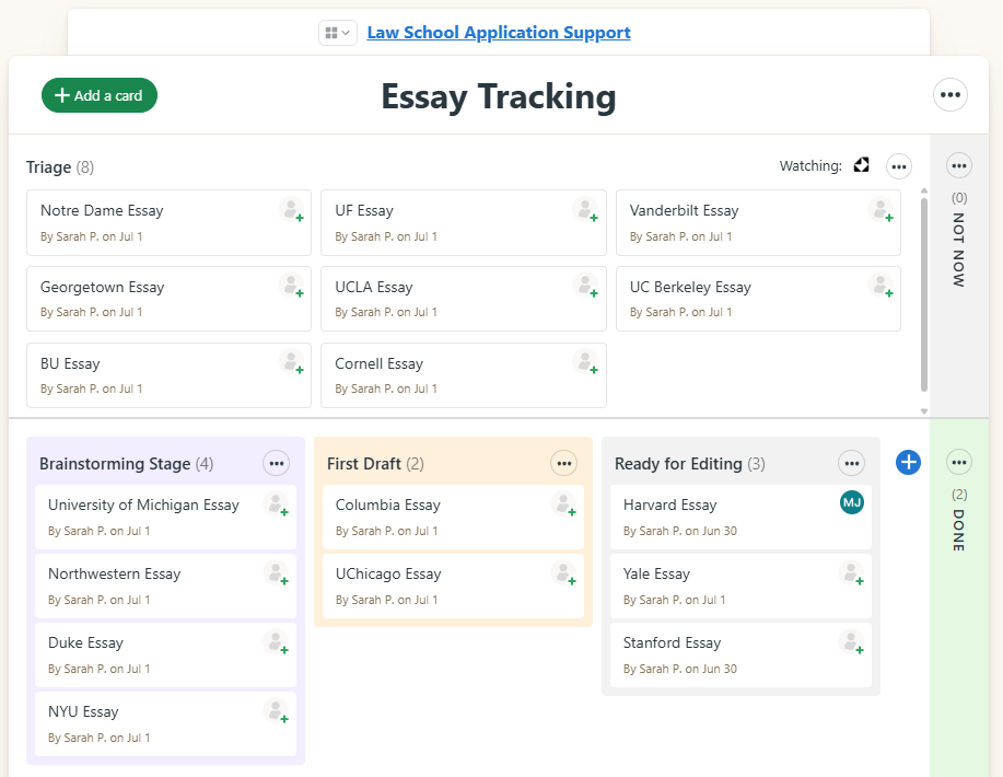 Screenshot of JurisOS essay tracking page