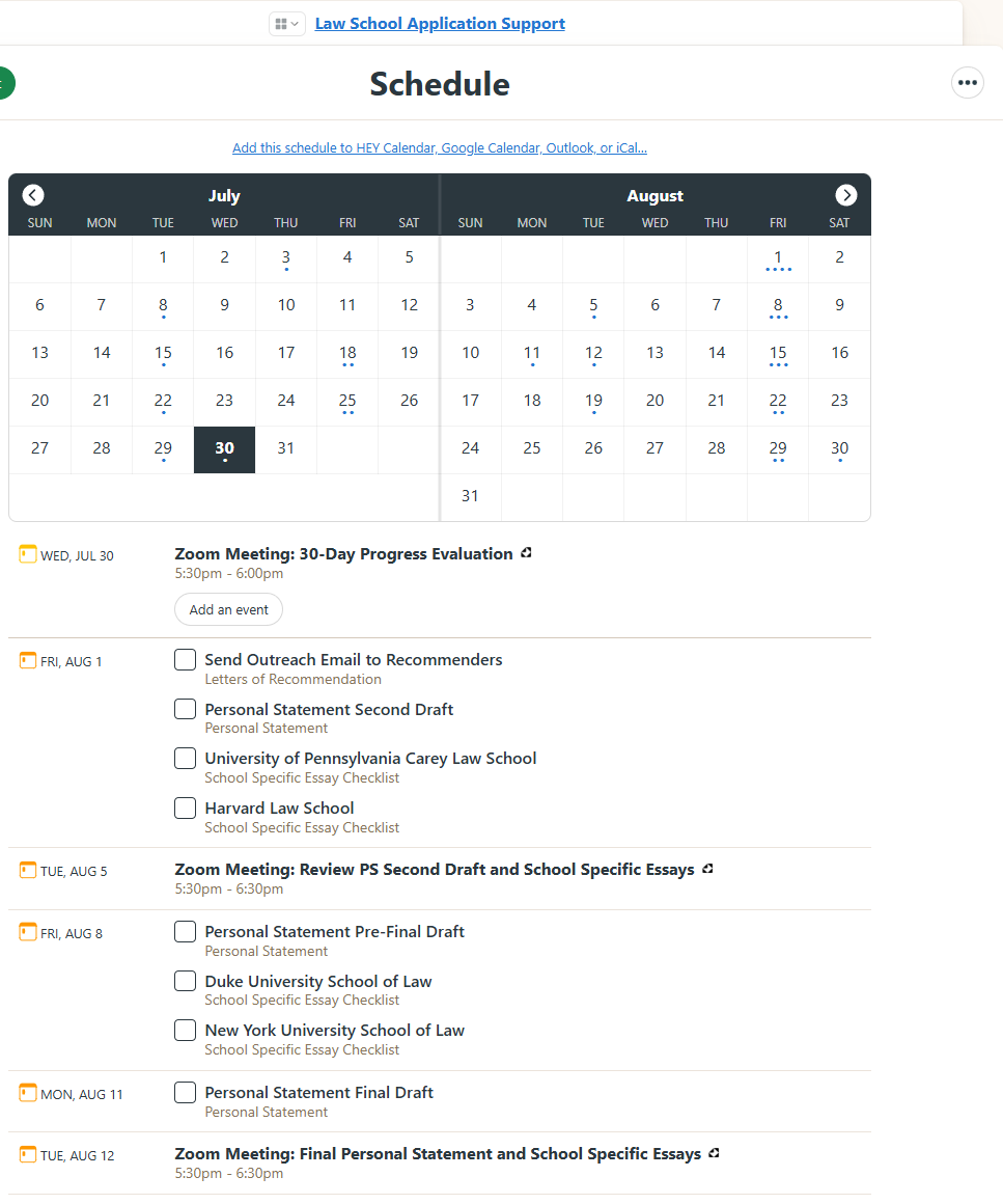 Screenshot of JurisOS schedule to keep on track