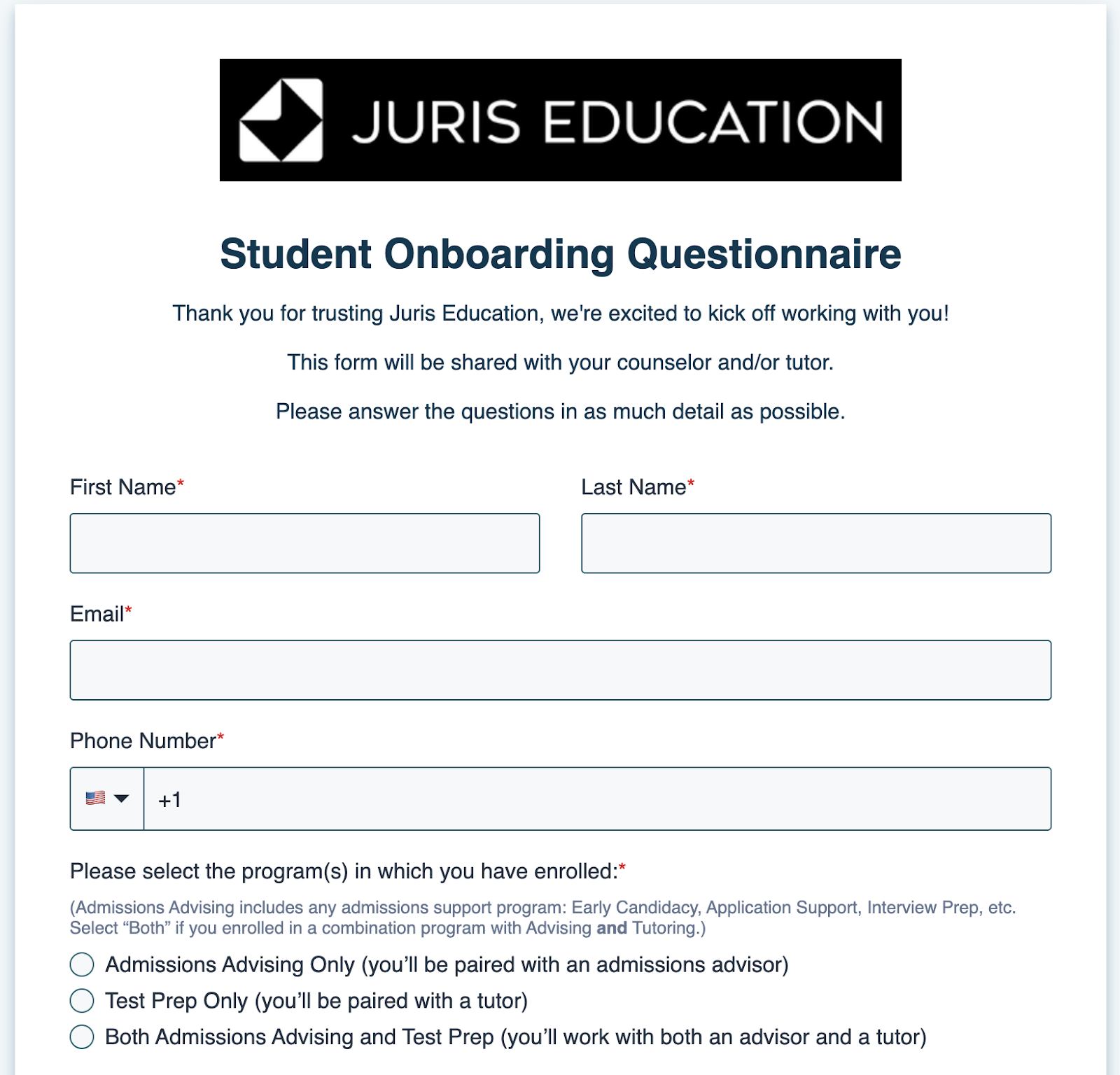 Screenshot of Juris Education's Student Onboarding Questionnaire