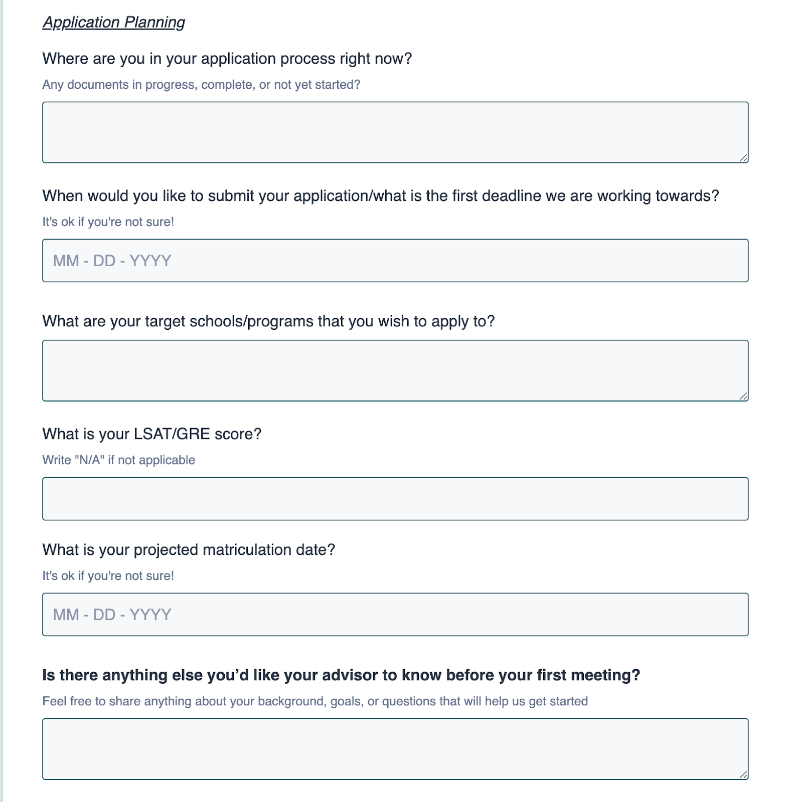 Screenshot of Juris Education's Application Planning section of Onboarding Questionnaire