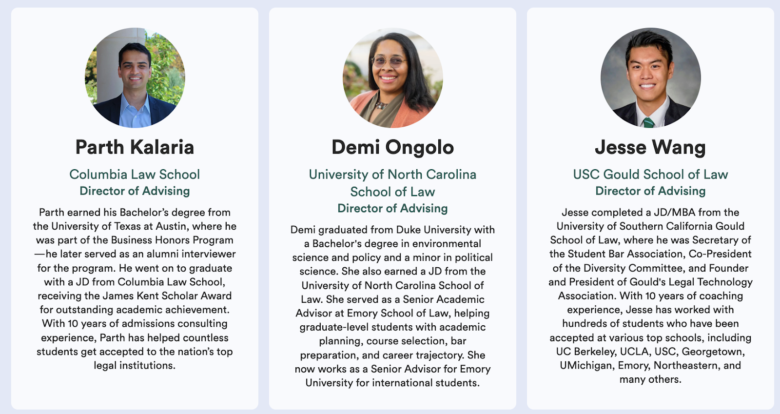 Screenshot of three of Juris Education's admissions counselors