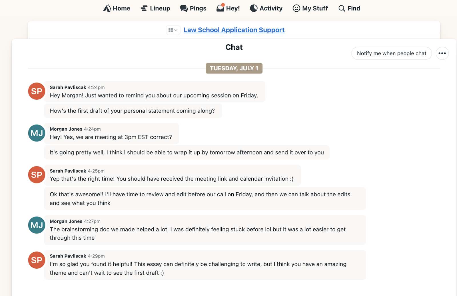 Screenshot of a conversation between a Juris student and a Student Success Manager on JurisOS