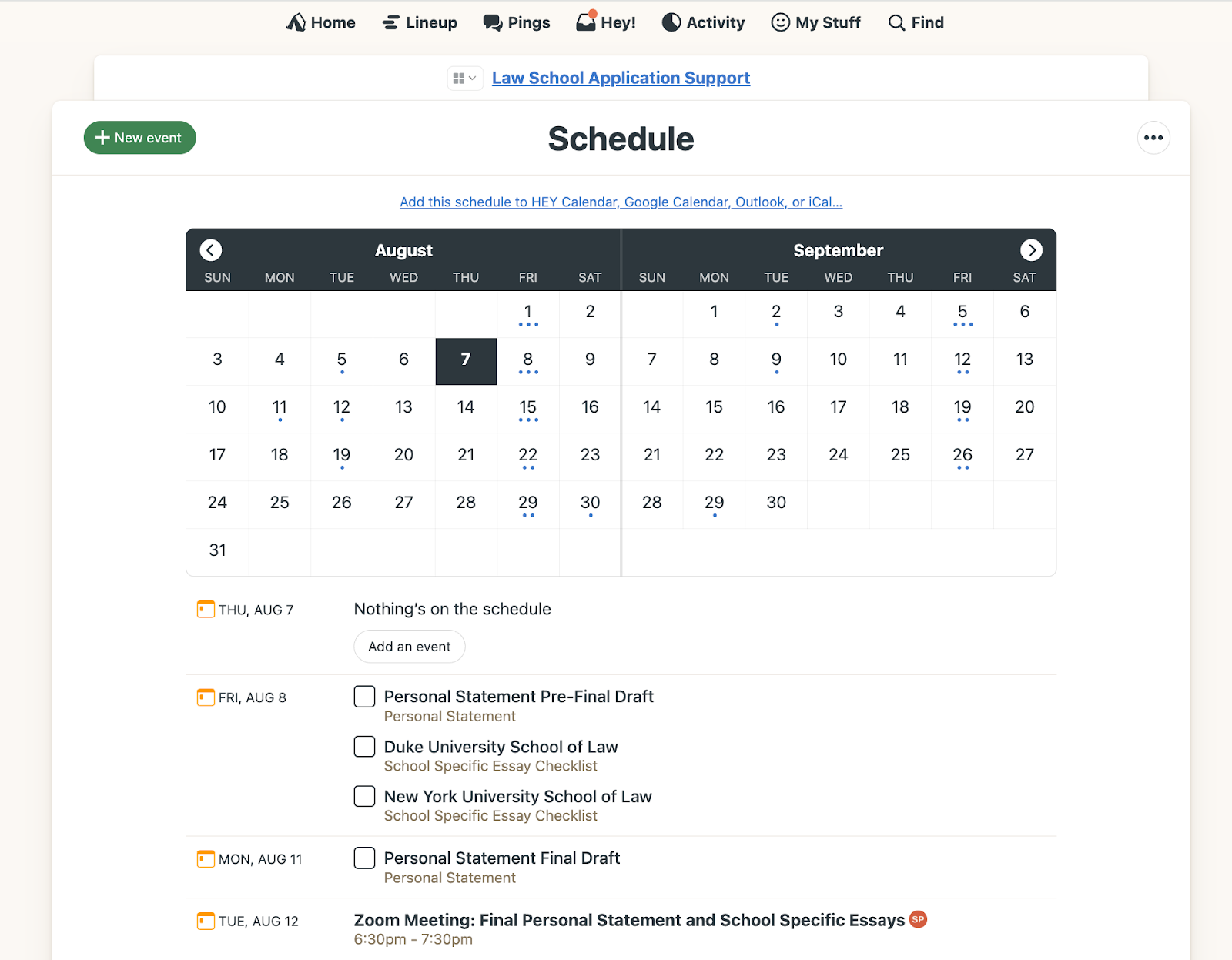 Screenshot of a student's customized schedule on JurisOS