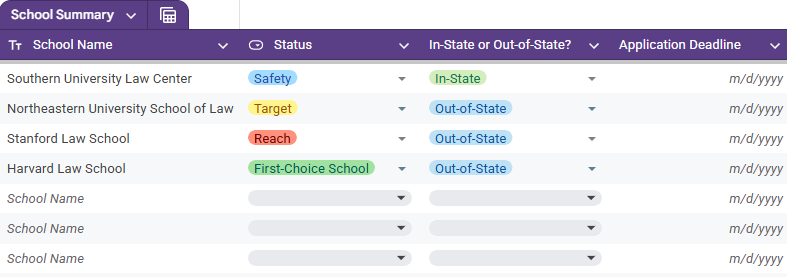 Screenshot of personalized school list for a Juris student