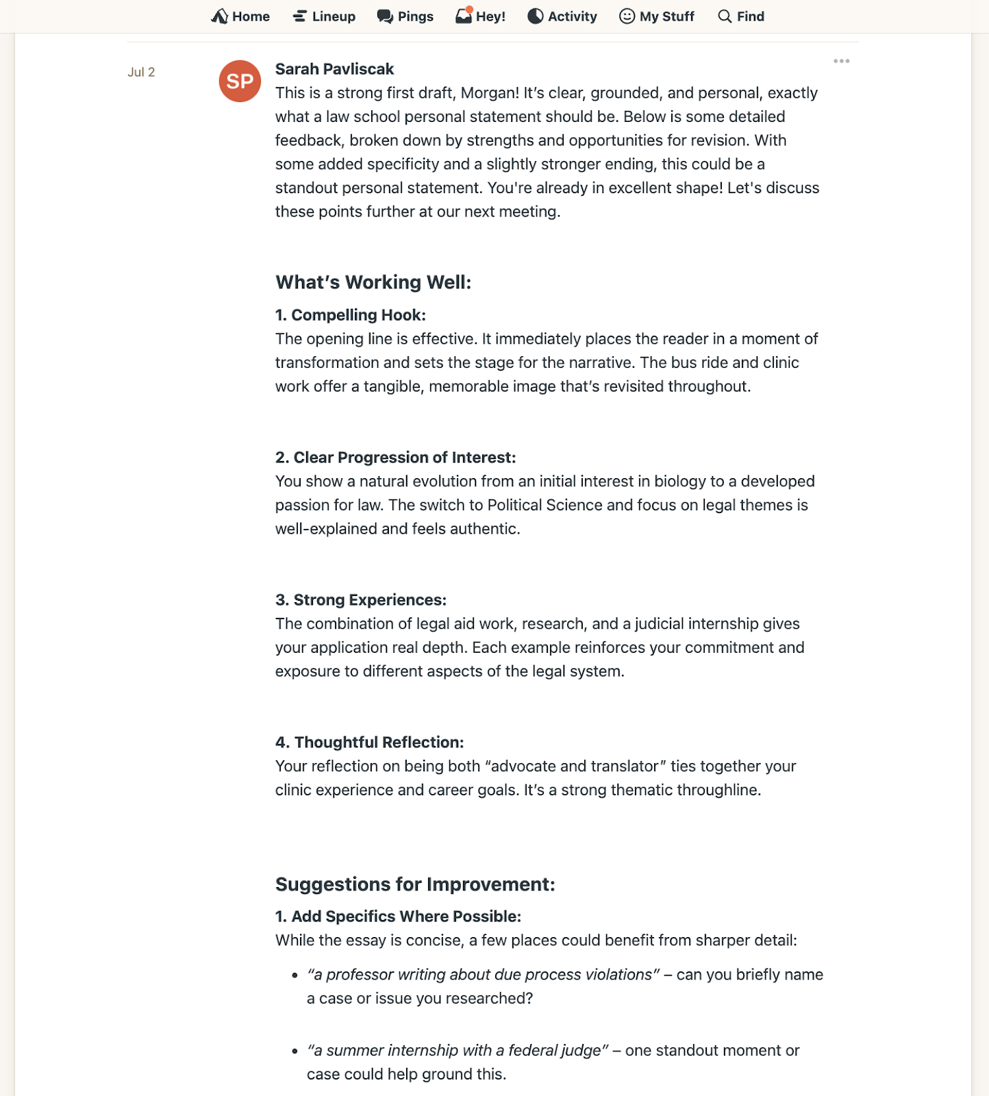 Screenshot of expert feedback on a Juris student's personal statement