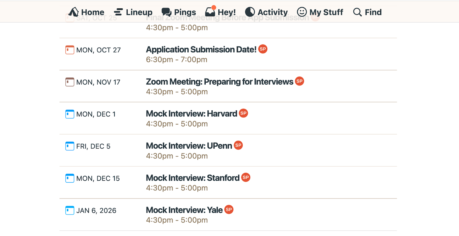 Screenshot of a student's mock interview schedule on JurisOS