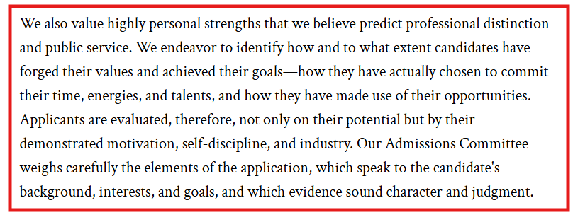 Screenshot of Columbia Law School's admissions policy that highlights what they look for in competitive applicants.