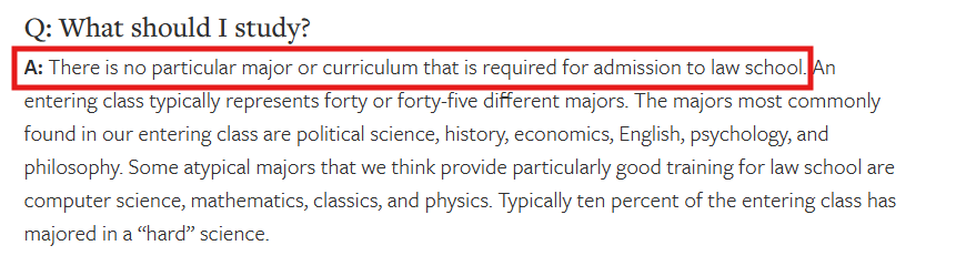 Screenshot of Cornell Law's FAQ page outlining specific majors