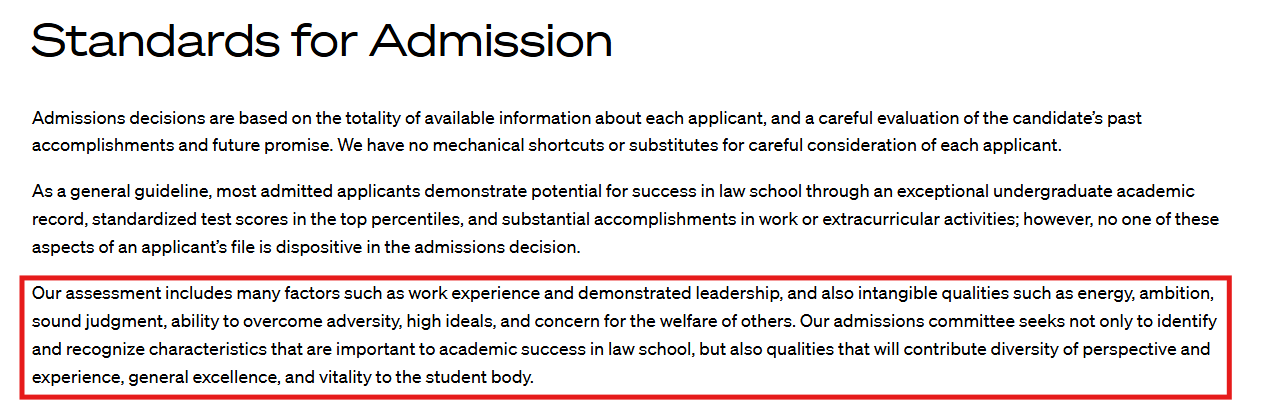 Harvard Law School standards for admission