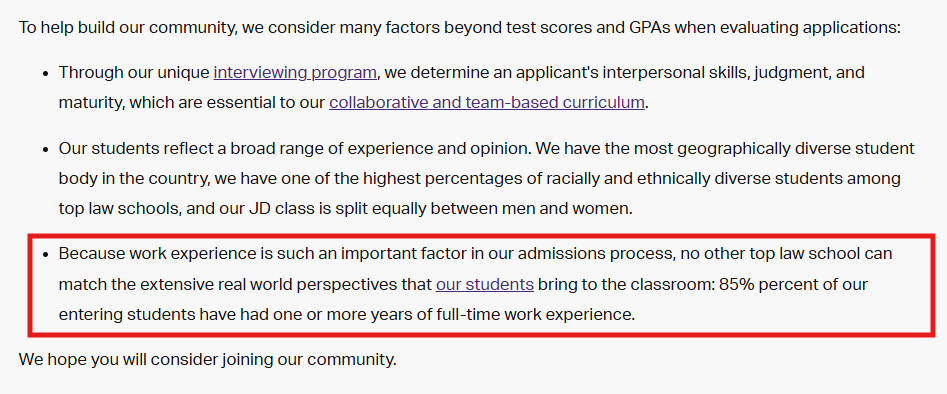 Screenshot of Northwestern Pritzker School of Law admissions page showing a section highlighted that covers work experience