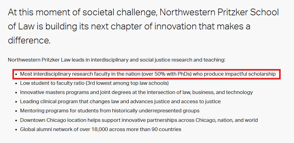 Screenshot of Northwestern Pritzker School of Law About page that shows a section highlighting interdisciplinary research