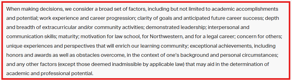 Screenshot of Northwestern Pritzker School of Law's admissions policy page