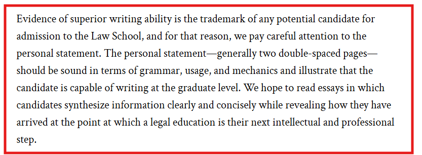 Screenshot of Columbia Law School's admissions policy highlighting what they look for in a strong personal statement.