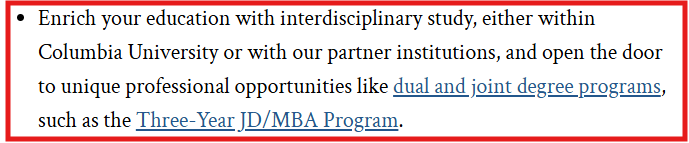 Screenshot of Columbia Law School's JD admissions page highlighting its interdisciplinary curriculum.