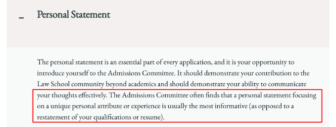 Screenshot of UChicago Law's personal statement requirements