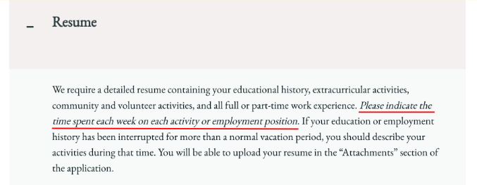 Screenshot of UChicago Law's resume requirements