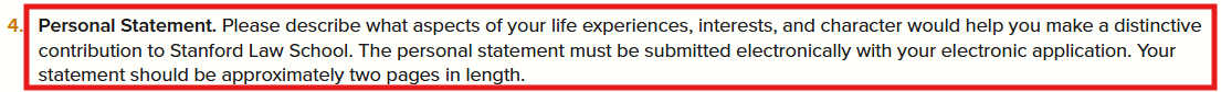 Screenshot of Stanford Law School's application process page, highlighting a section on its personal statement prompt