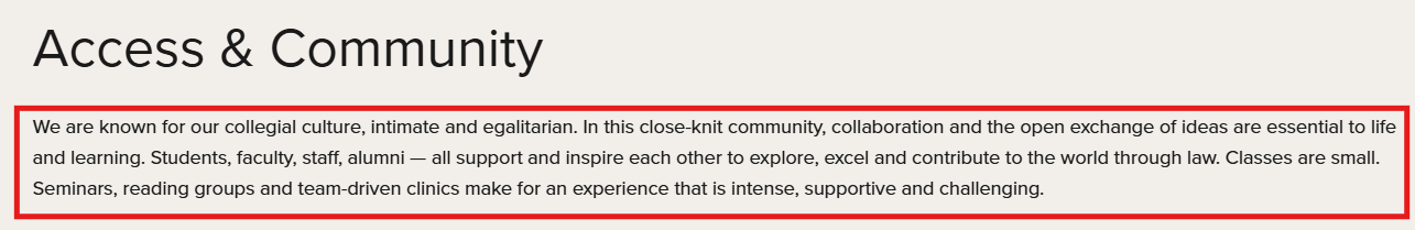 Screenshot of Stanford Law School's application process page with a section on what the law school is known for.