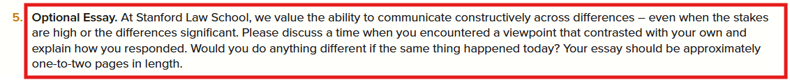 Screenshot of Stanford Law School's admissions process page with a section on the optional essay prompt.