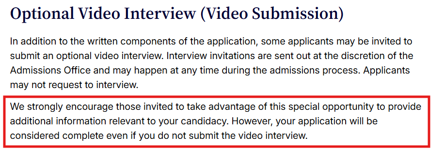 Screenshot of Berkeley Law's admissions page that highlights the optional video interview submission