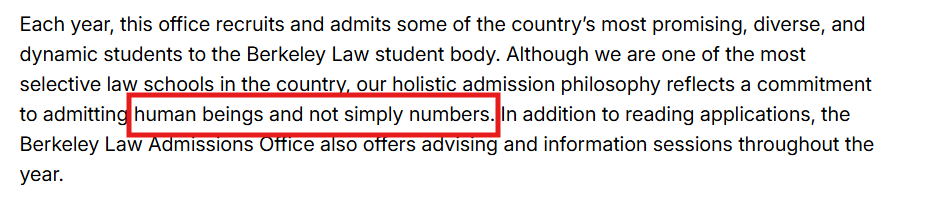Screenshot of Berkeley Law's admissions philosophy that highlights how they evaluate applicants