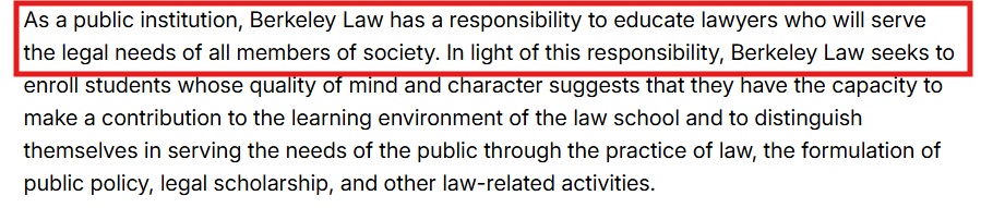 Screenshot of Berkeley Law's Faculty Admissions Policy with a section that highlights what kinds of lawyers they want to educate