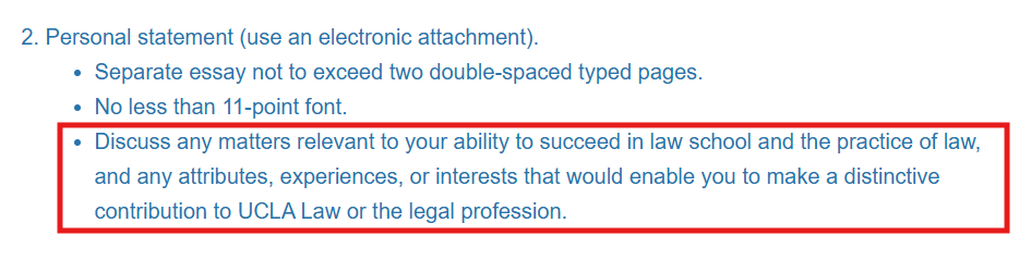 Screenshot of UCLA School of Law personal statement prompt that asks applicants to discuss attributes, experiences, or interests that will contribute to the school.