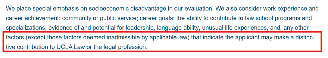Screenshot of UCLA School of Law's admissions policy page that outlines what distinctive contribution means to them