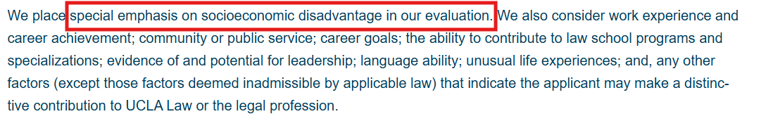 Screenshot of UCLA Law's admissions policy page that talks about socioeconomic disadvantage