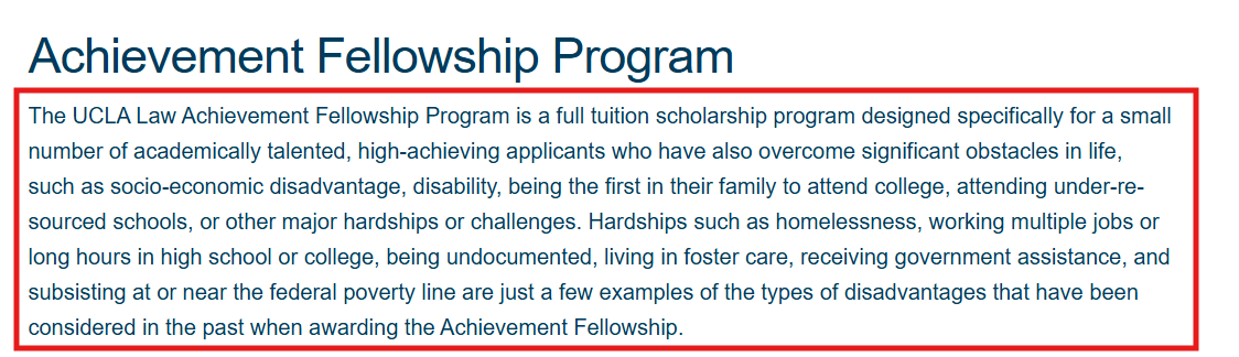 Screenshot of UCLA School of Law's Achievement Fellowship Program