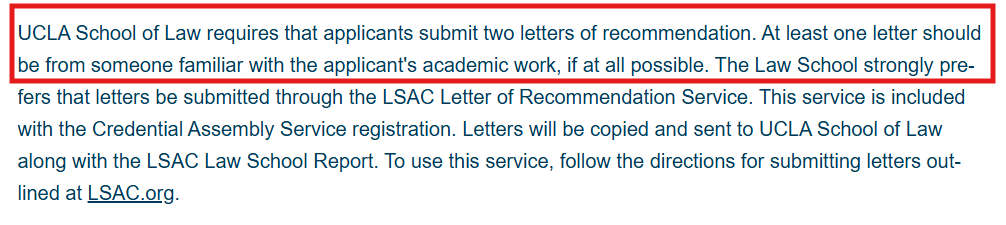 Screenshot of UCLA Law's letter of recommendation requirements