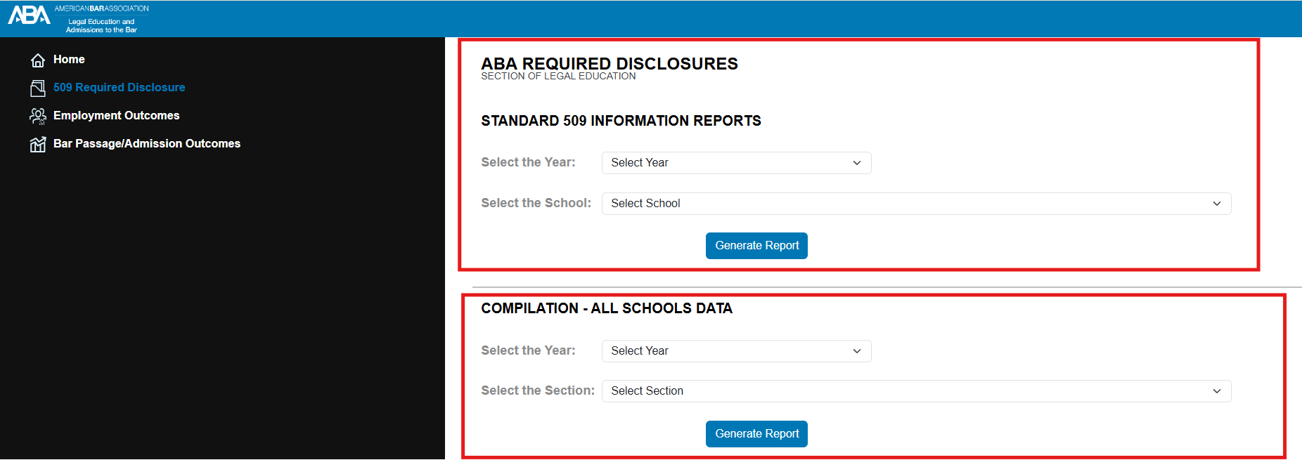 Screenshot of the ABA 509 report website showing statistics for both individual law schools and all law schools