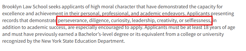 Screenshot of Brooklyn Law School's admissions page that highlights six qualities it looks for in applicants