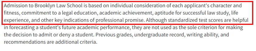 Screenshot of Brooklyn Law School's admissions page that highlights what specific traits admissions officers look for in competitive applicants