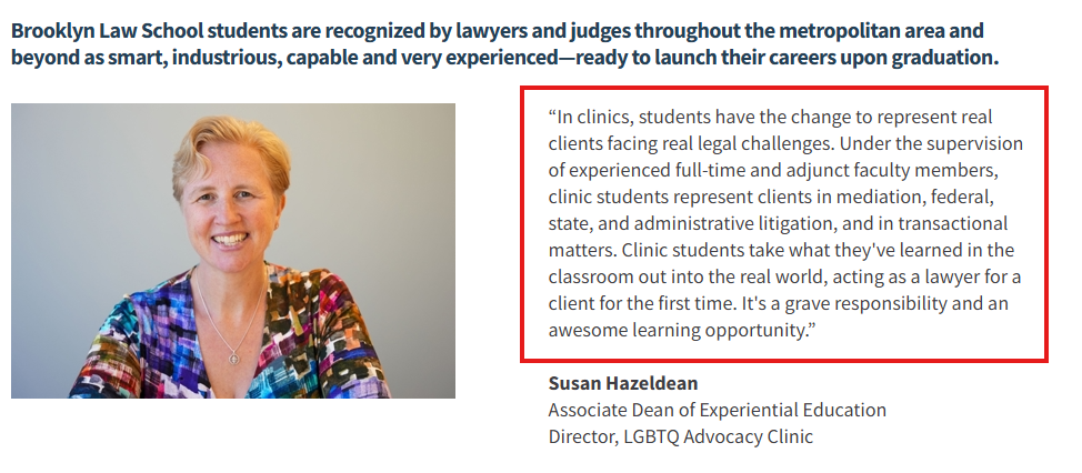 Screenshot of Brooklyn Law School's clinics and externships page that highlights students working in legal clinics get to represent real clients