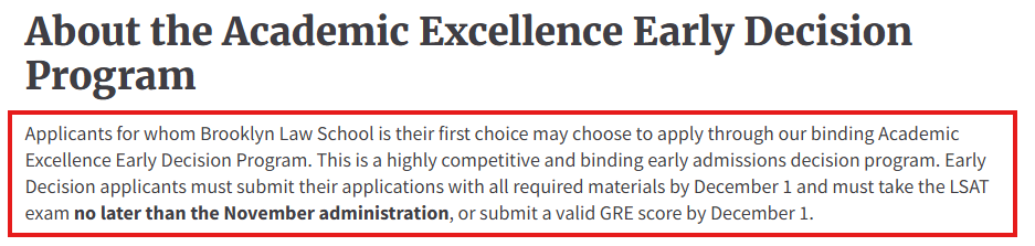 Screenshot of Brooklyn Law School's Academic Excellence Early Decision Program