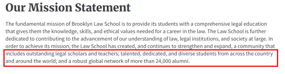 Screenshot of Brooklyn Law School's mission statement that highlights its passion for recruiting a diverse student body