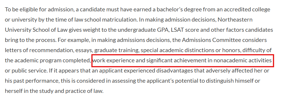 Screenshot of Northeastern University School of Law's admissions policy page that highlights it looks for work experience when evaluating applicants