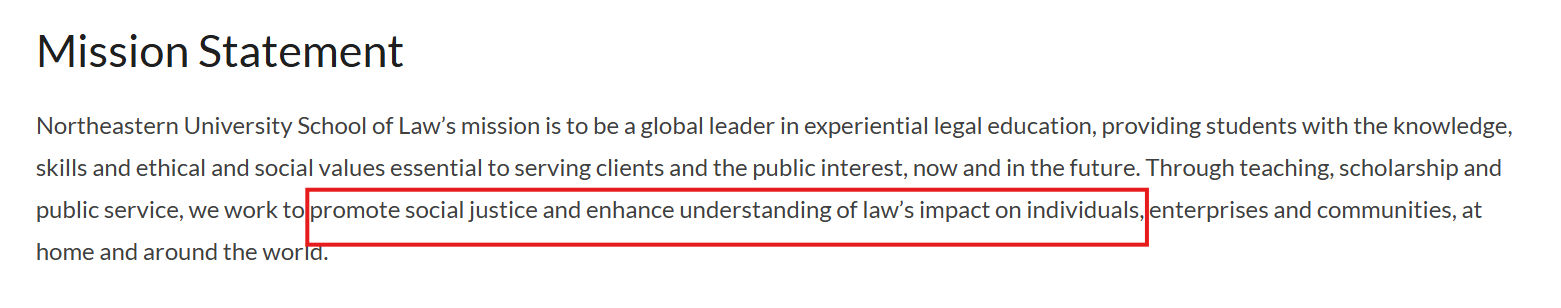 Screenshot of Northeastern University School of Law's mission statement page that describes social justice as one of the qualities it looks for in competitive candidates
