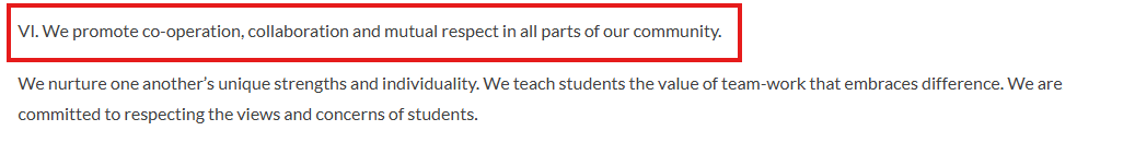 Screenshot of Northeastern University School of Law's mission statement page that says it promotes a culture of cooperation, collaboration, and mutual respect