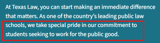 Screenshot of UT Austin School of Law's Public Service page that highlights their commitment to students seeking to work for the public good.